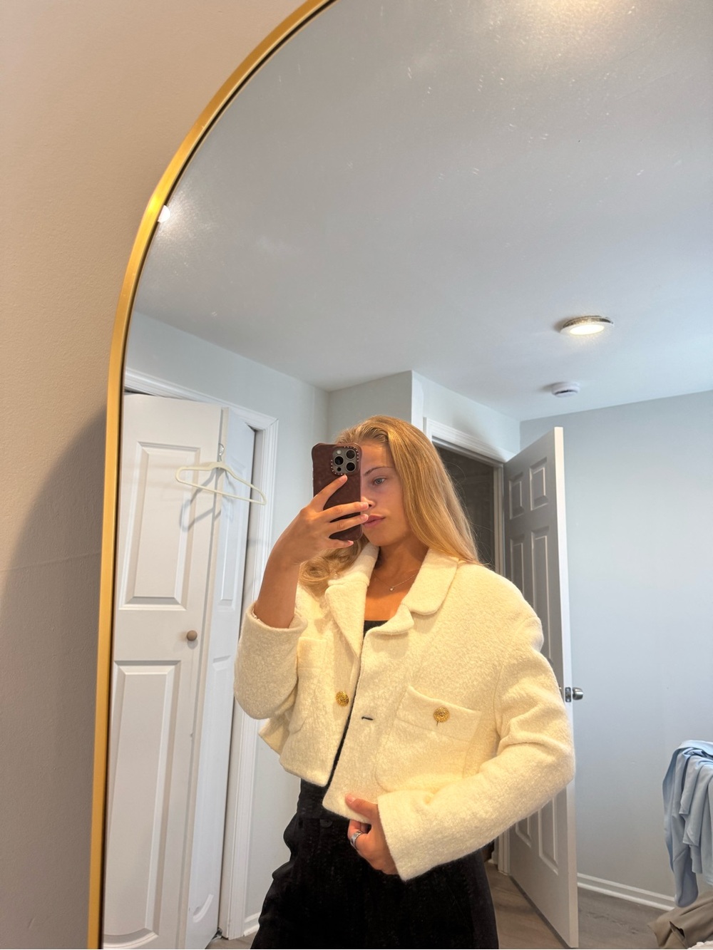 Zara Cream Bouclé Cropped Jacket with Gold Buttons
